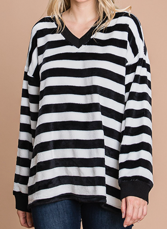 Striped Faux Fur Pullover B&W