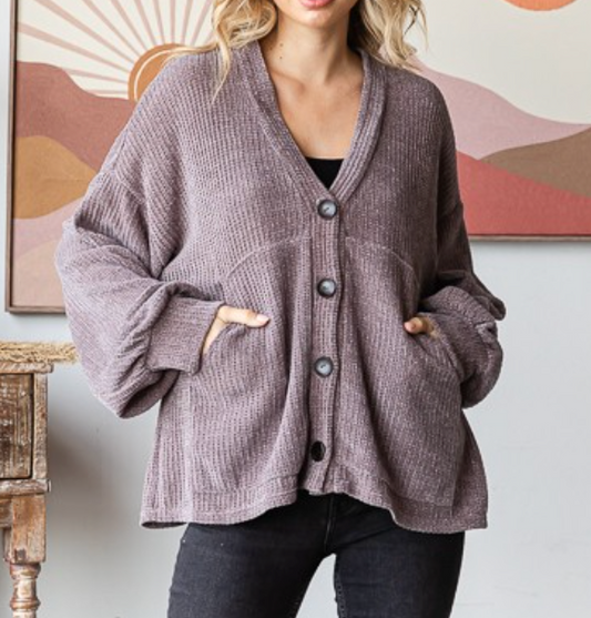 Chenille Button Front Cardi MUSHROOM