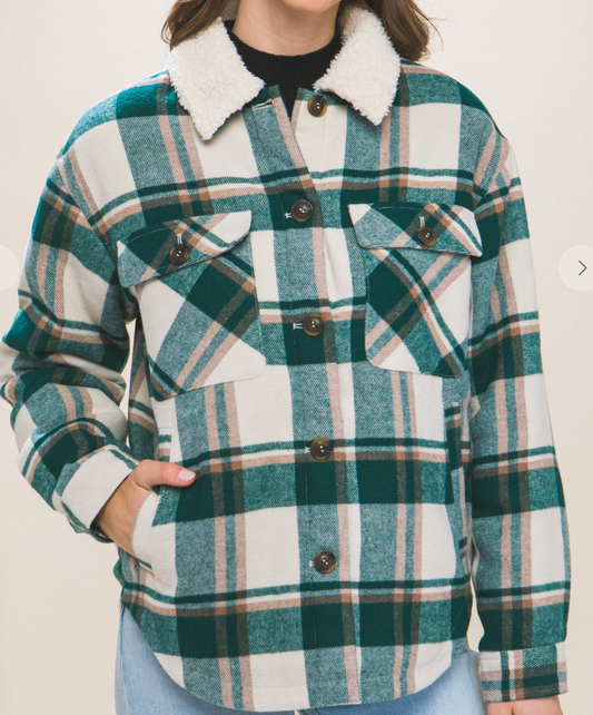 Sherpa Lined Plaid Shacket GREEN