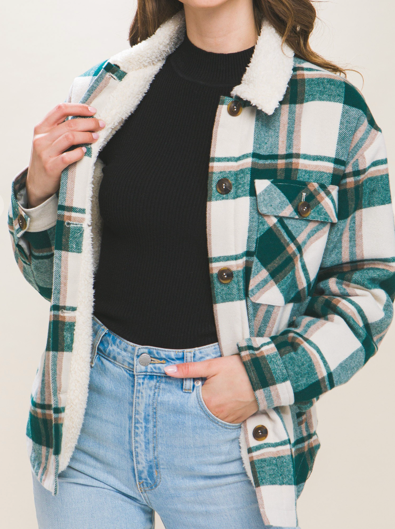 Sherpa Lined Plaid Shacket GREEN