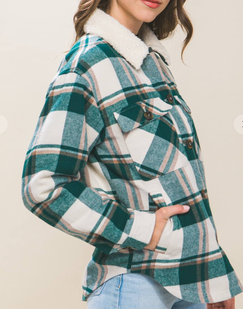 Sherpa Lined Plaid Shacket GREEN