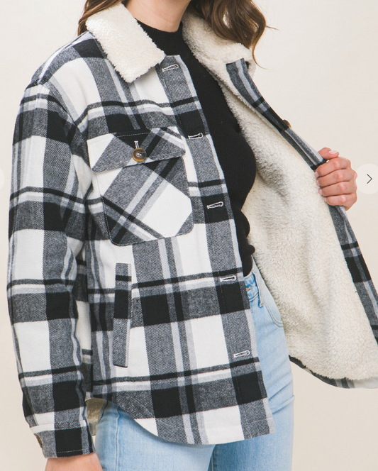 Sherpa Lined Plaid Shacket BLACK