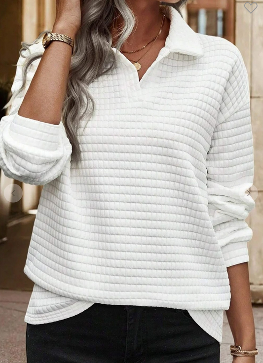 Waffle Textured Collar Top WHITE