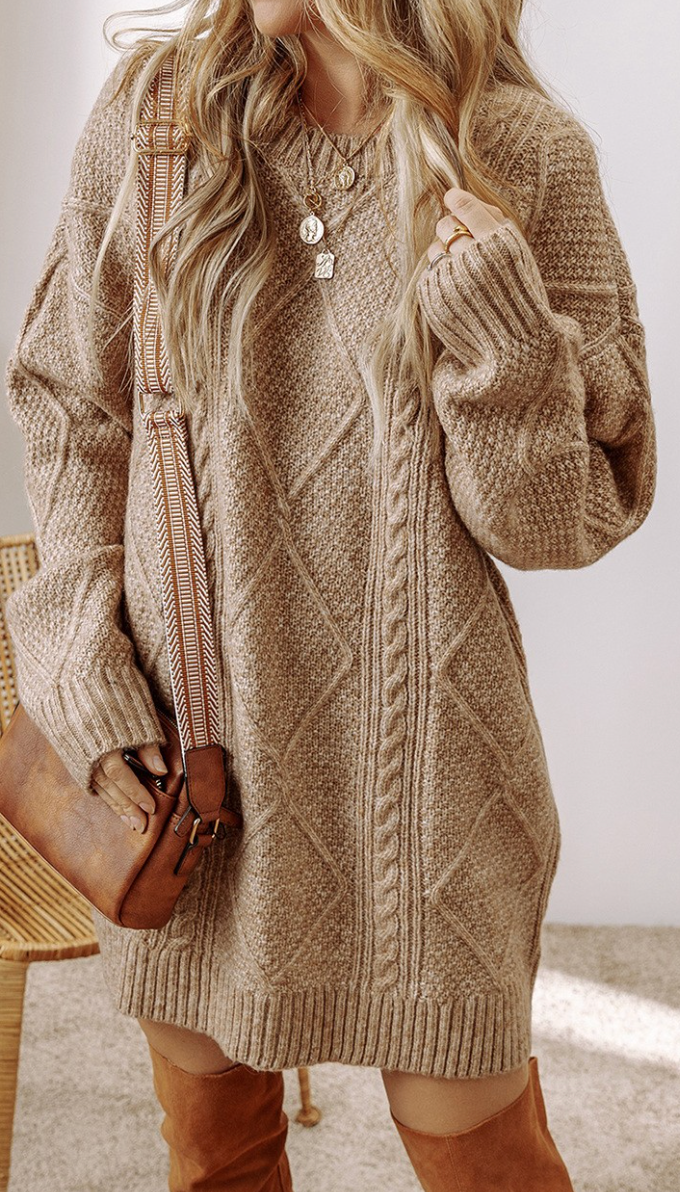 Cable Knit Sweater Dress KHAKI