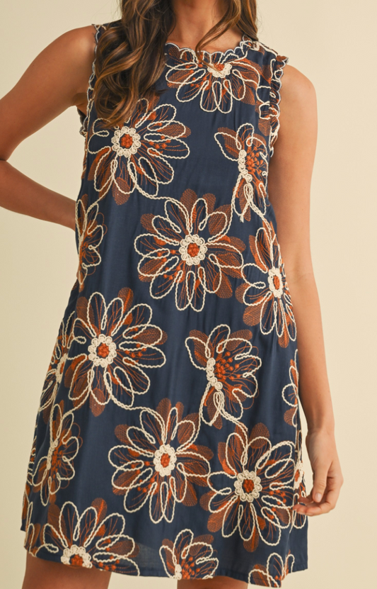 Floral Embroidery A~Line Dress NAVY