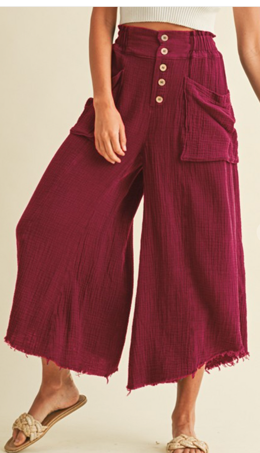Mineral Wash Fray Boho Pant BURGUNDY