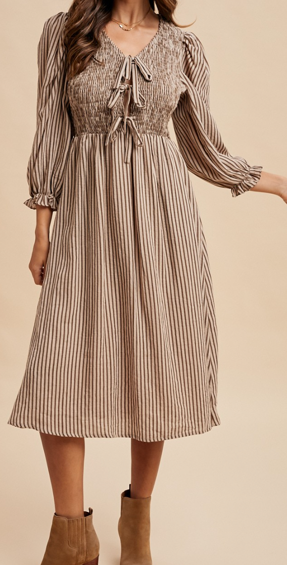 Stripe Smocking Bodice Midi Dress MOCHA