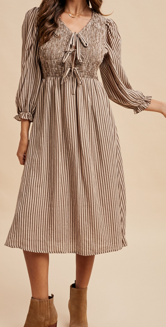 Stripe Smocking Bodice Midi Dress MOCHA