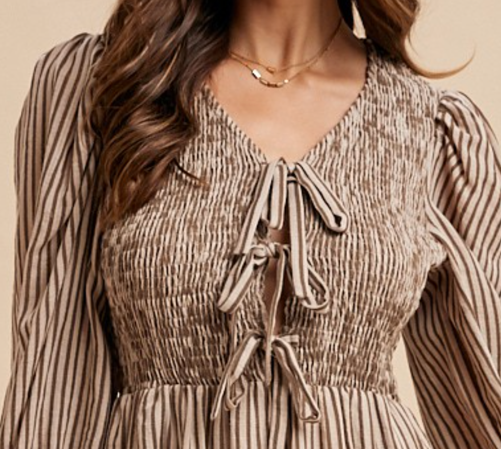 Stripe Smocking Bodice Midi Dress MOCHA