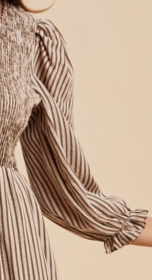 Stripe Smocking Bodice Midi Dress MOCHA