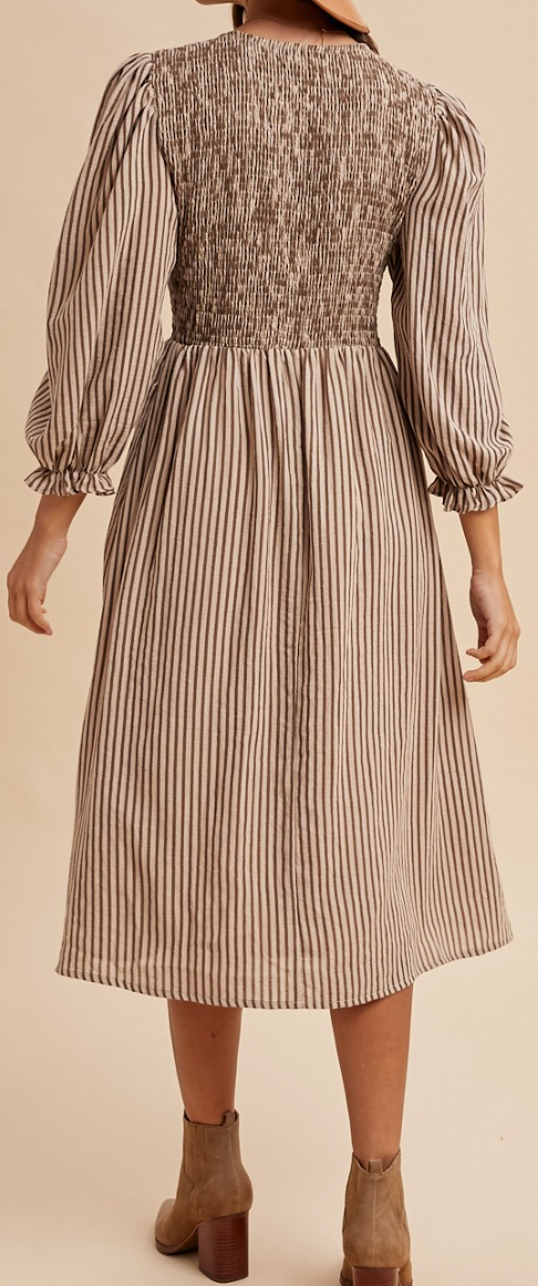 Stripe Smocking Bodice Midi Dress MOCHA