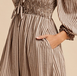 Stripe Smocking Bodice Midi Dress MOCHA
