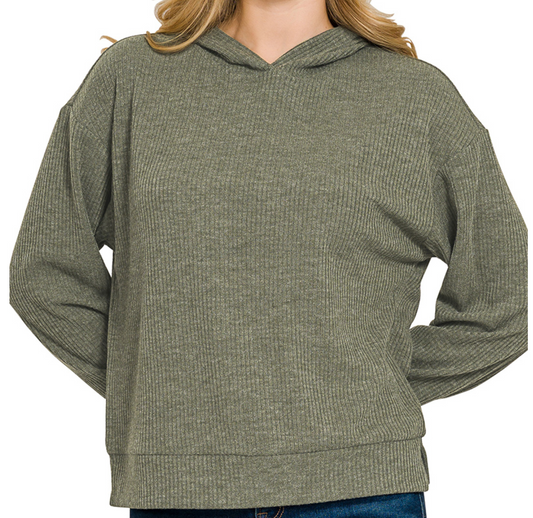 Ribbed Hoodie Pullover OLIVE