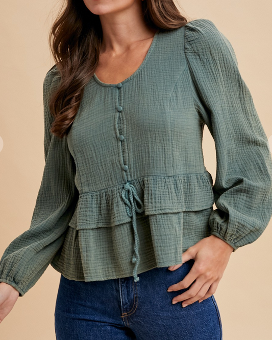 Mineral Wash Crinkle Ruffle Blouse TEAL