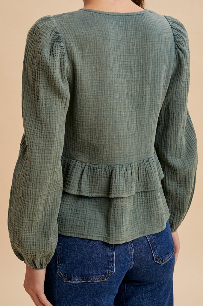 Mineral Wash Crinkle Ruffle Blouse TEAL