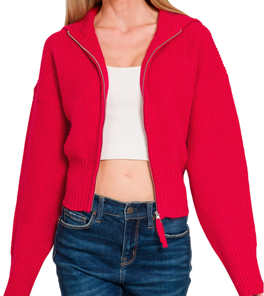 2 Way Zip Collar Sweater RED