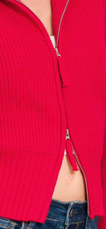 2 Way Zip Collar Sweater RED