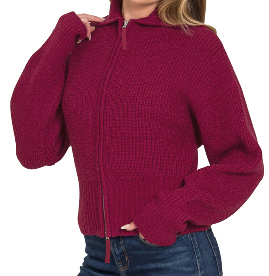 2 Way Zip Collar Sweater WINE