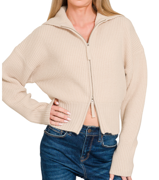 2 Way Zip Collar Sweater BEIGE