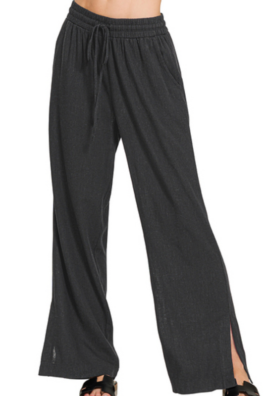 Linen Drawstring Slit Hem BLACK