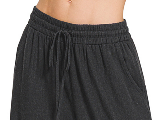 Linen Drawstring Slit Hem BLACK