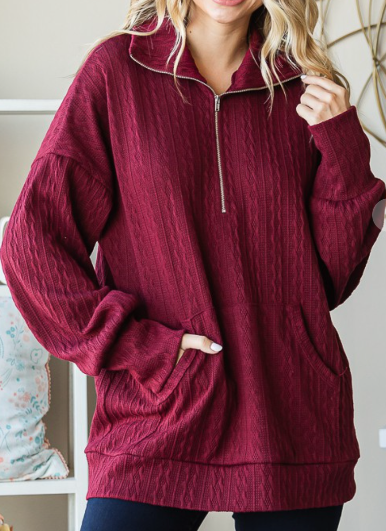 Cable Knit Hoodie BURGUNDY