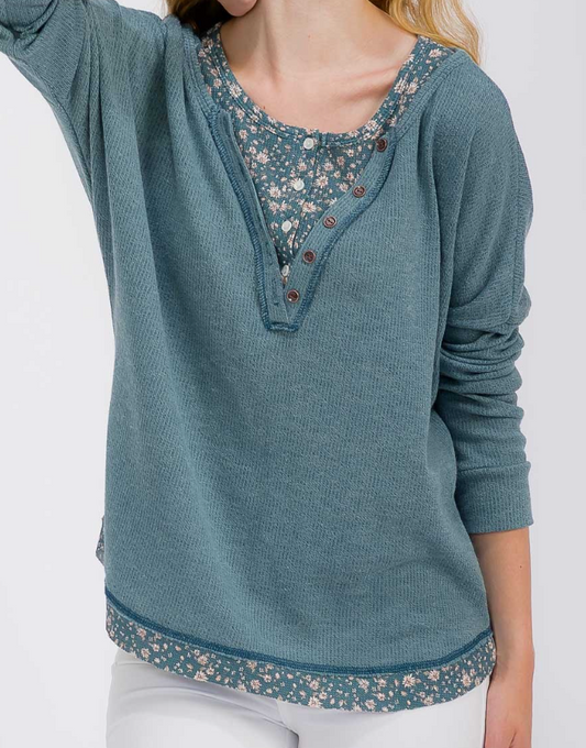 Knit Henley W/ Floral Trim TEAL