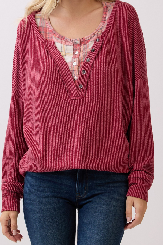 Plaid Layered Trim Pullover BURGUNDY