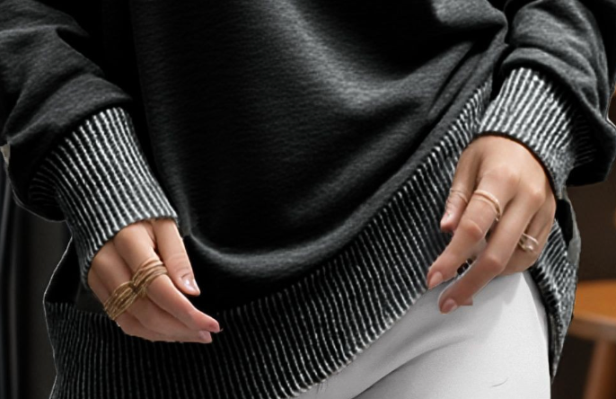 Fleece Sweatshirt With Wave Rib BLACK