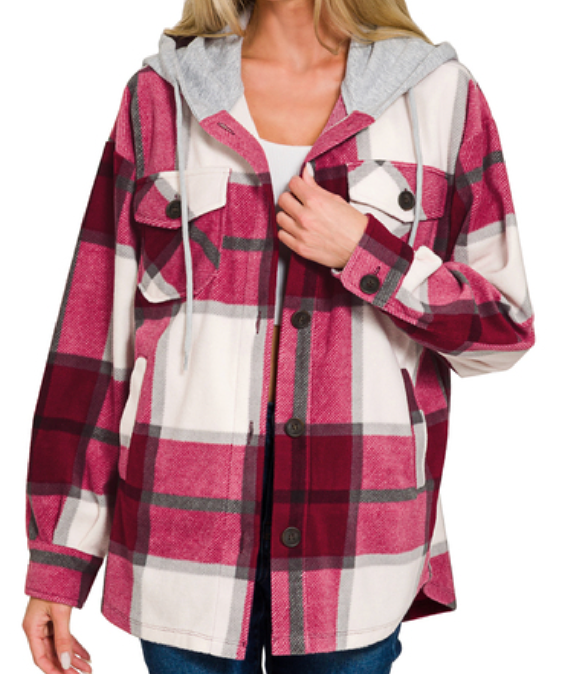 Plaid Fleece Hoodie Shacket WINE