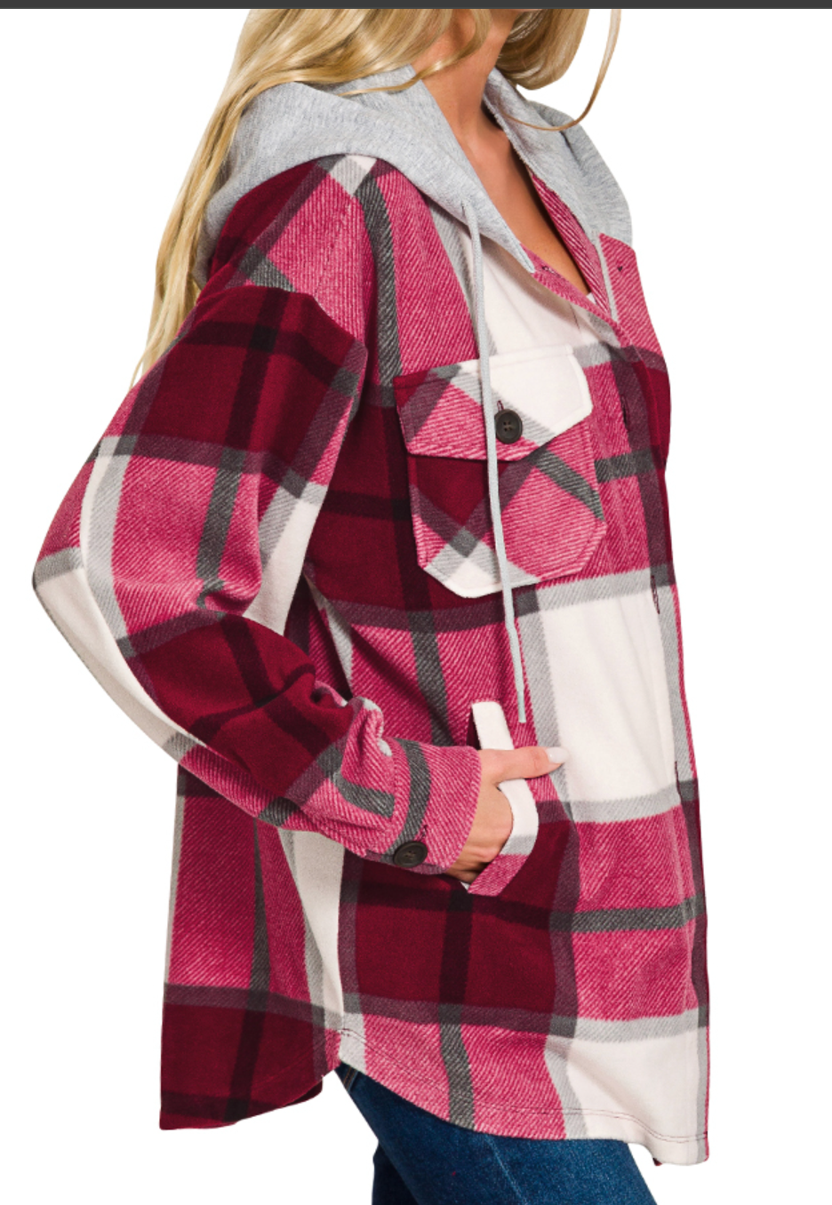 Plaid Fleece Hoodie Shacket WINE
