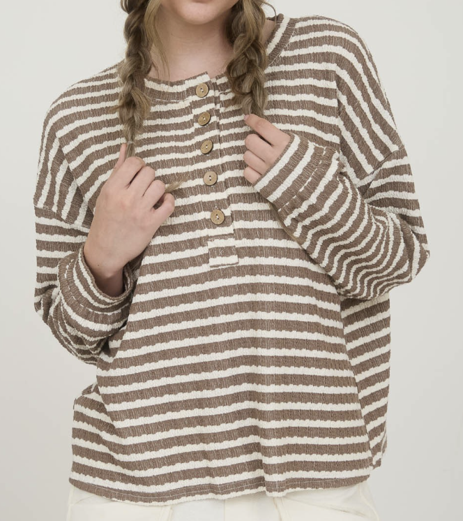 Stripe Textured Henley Knit TAUPE