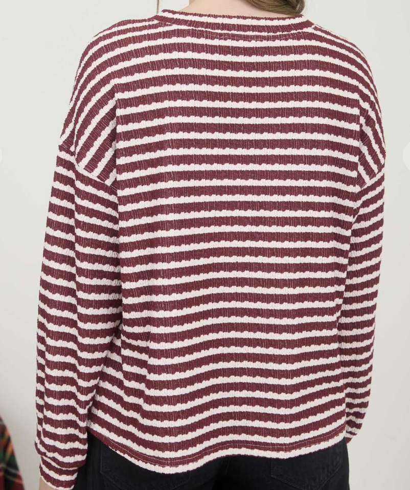 Stripe Textured Henley Knit BURGUNDY