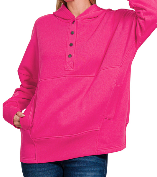 Fleece 1/2 Snap Hooded Sweatshirt HOT PINK