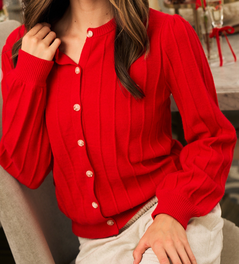Luxe Crew Neck Cardi Sweater RED