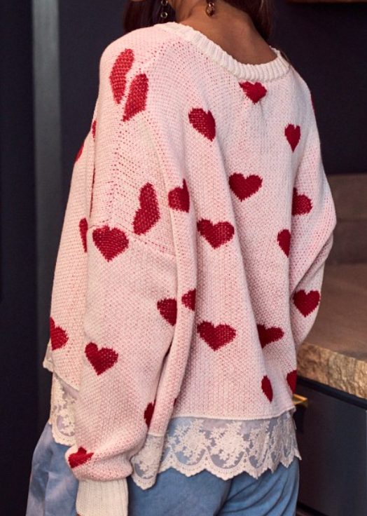 Lace Trim Heart Sweater PINK