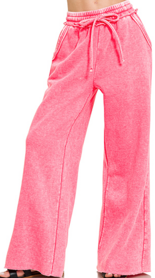 Acid Wash Palazzo Pants 30" FUCHSIA