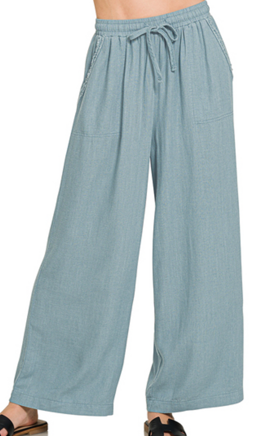 Pocketed Wide Leg Linen Blend 25.5" BLUE
