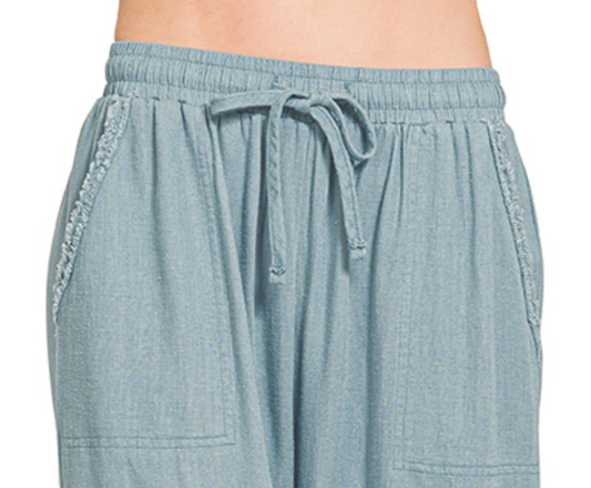 Pocketed Wide Leg Linen Blend 25.5" BLUE