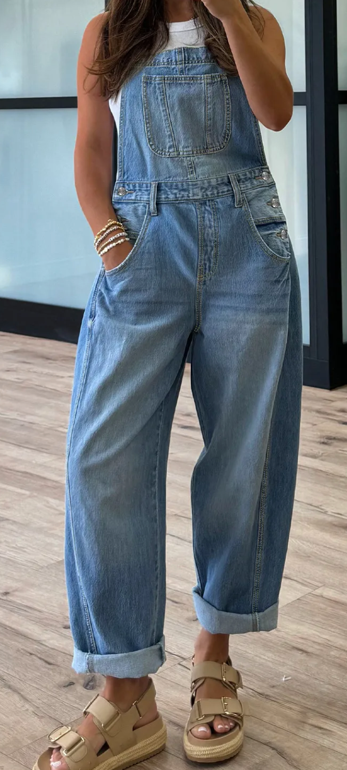 Adjustable Buckle Barrel Denim Overalls