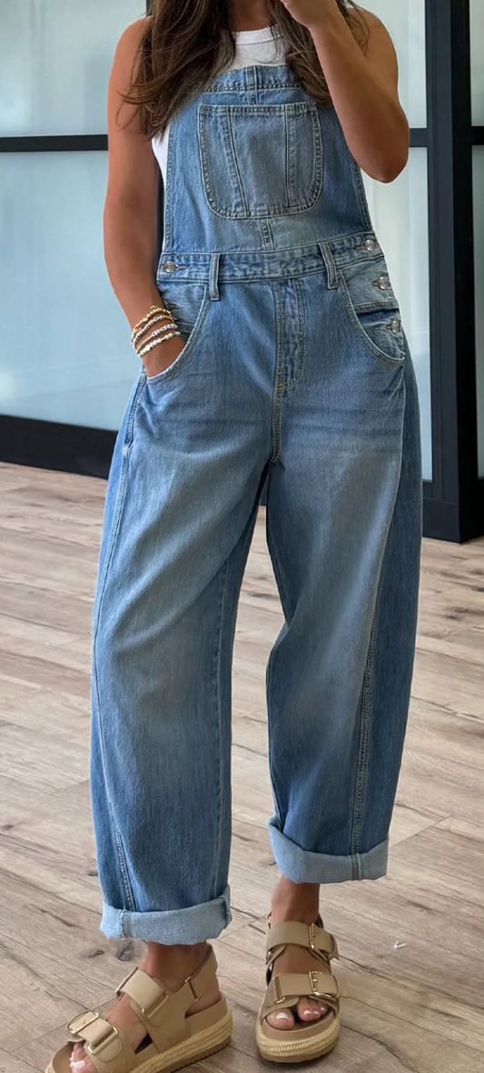 Adjustable Buckle Barrel Denim Overalls