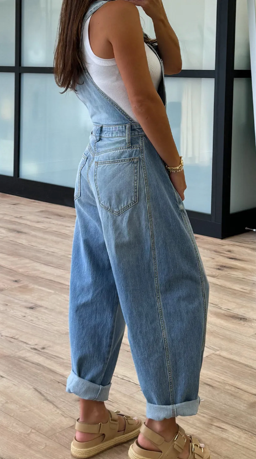 Adjustable Buckle Barrel Denim Overalls