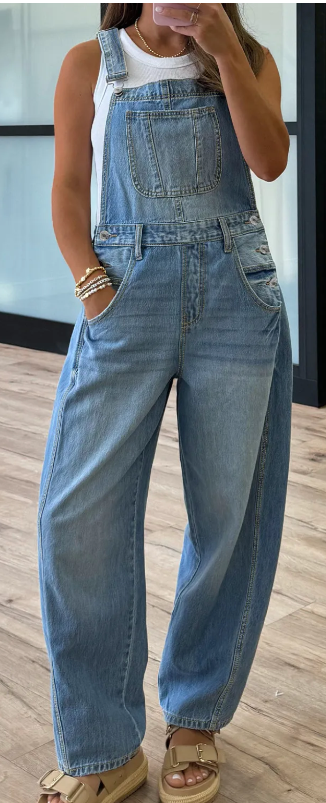 Adjustable Buckle Barrel Denim Overalls