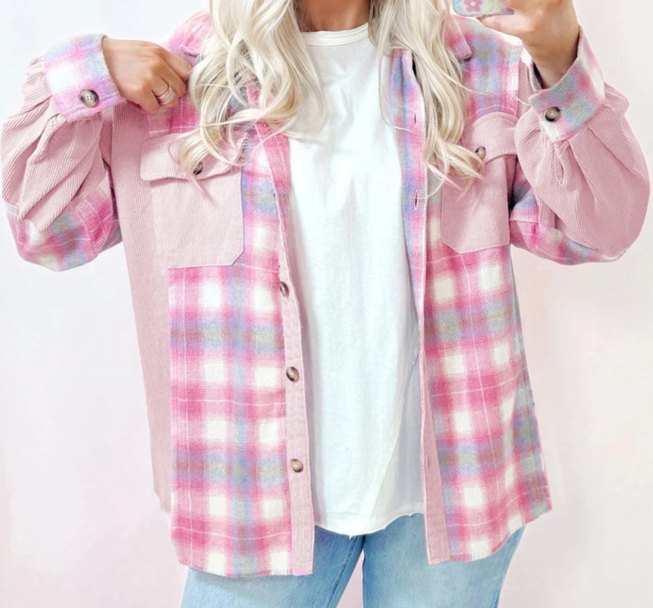 Plaid/Corduroy Patch Shacket PINK