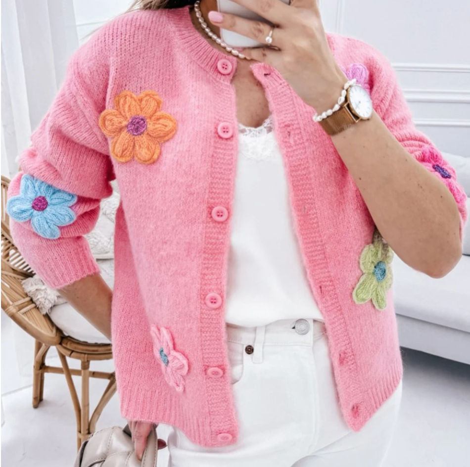 Knitted Floral Pattern Cardi  PINK