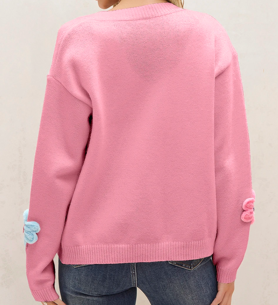 Knitted Floral Pattern Cardi  PINK