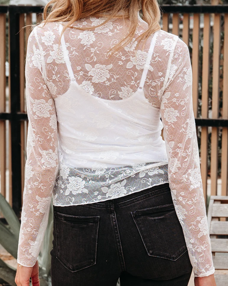 Sheer Floral Lace Mesh Mock Neck WHITE