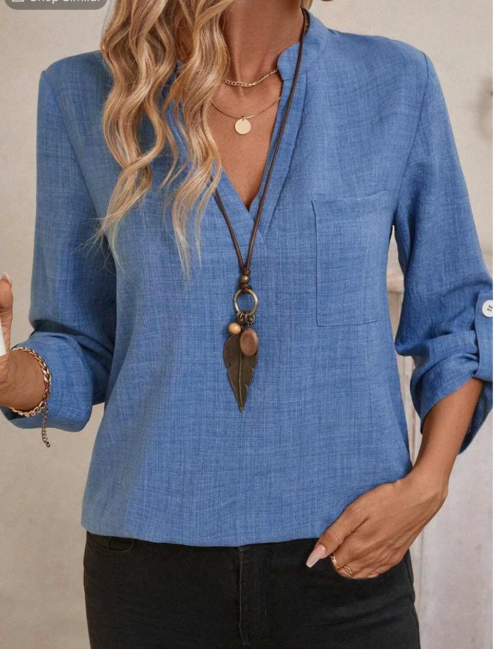 Chambray V~Neck Roll up 3/4 Sleeve