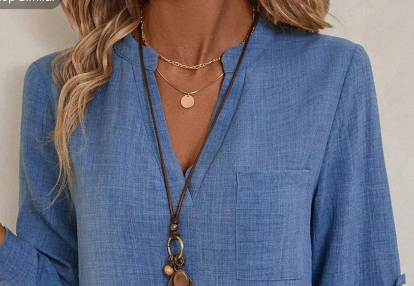 Chambray V~Neck Roll up 3/4 Sleeve