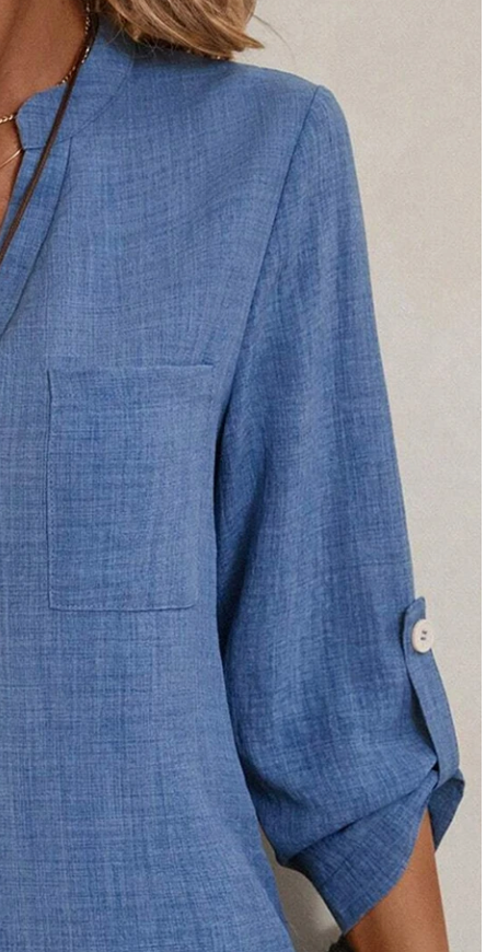 Chambray V~Neck Roll up 3/4 Sleeve